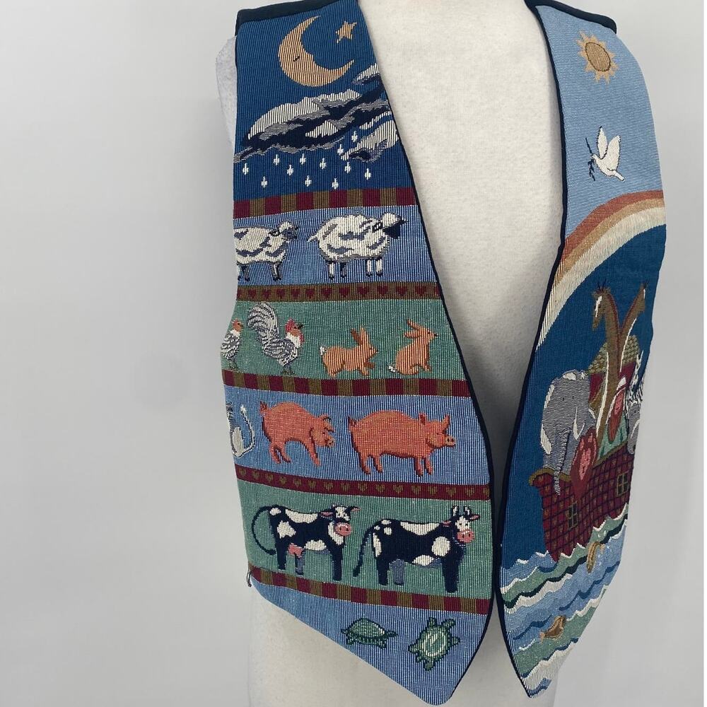 Vintage Noahs Ark Needlepoint Embroidered Animals Vest Open Front Blue Womens L - Picture 4 of 7